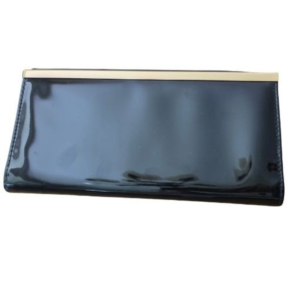 Black Patent Faux Leather Clutch Bag‎ Gold Tone Metal Bar Trim Evening Handbag